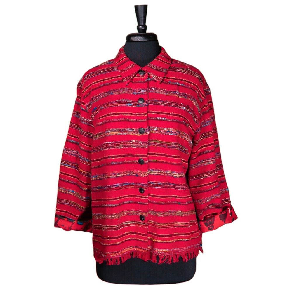 Chico's Women's Jacket Red Silk Embroidered Striped Abstract Boho Lined 3 XL/16